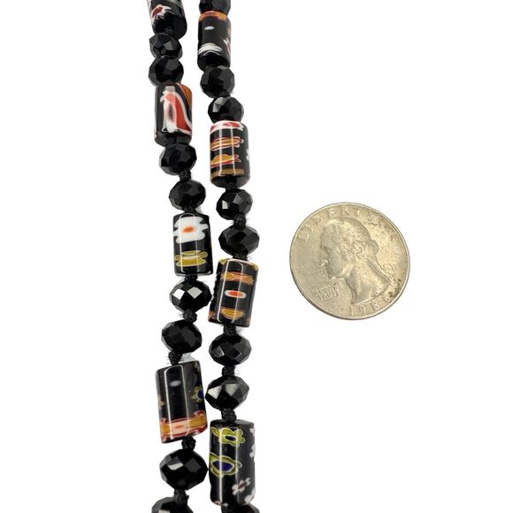 Vintage Black Millefiori Glass Crystal Beaded Necklace 24" Multi-Strand Layered - Picture 9 of 9